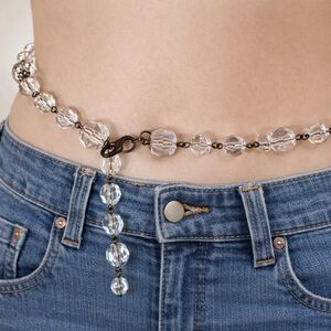 Vintage lightweight faceted Lucite ball and brass metal belt or necklace 39”